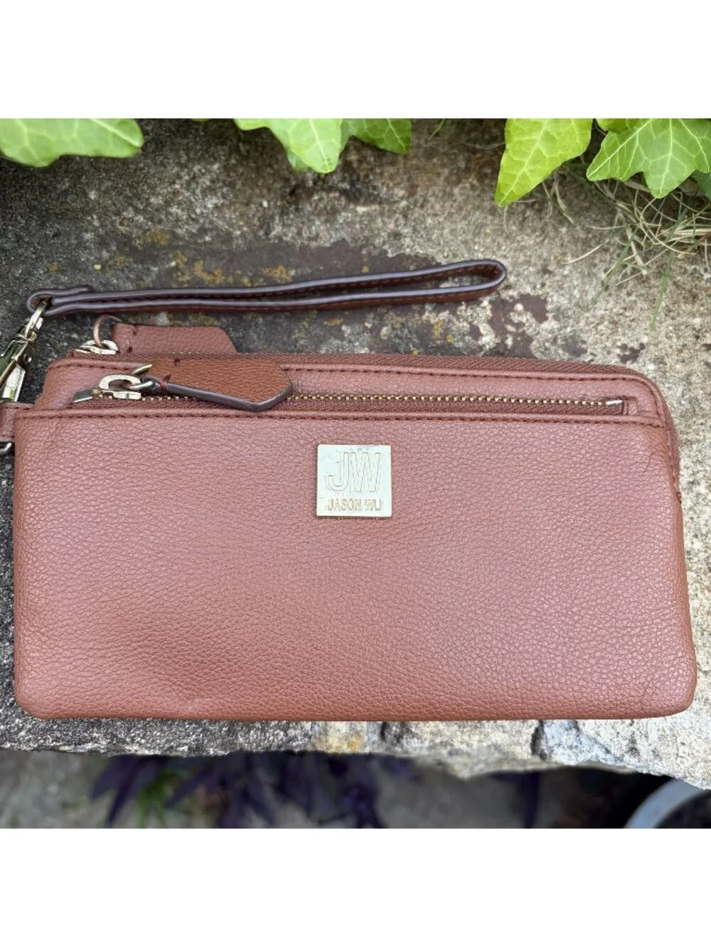 Jason Wu Brown Leather Wristlet Wallet Gold Hardware Multi Zipper Compartments